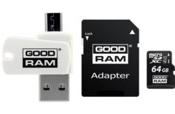 Karta pamięci z adapterem i czytnikiem kart GoodRam All in one M1A4-0640R12 (64GB; Class 10; Adapter, Czytnik kart MicroSDHC, Karta pamięci)